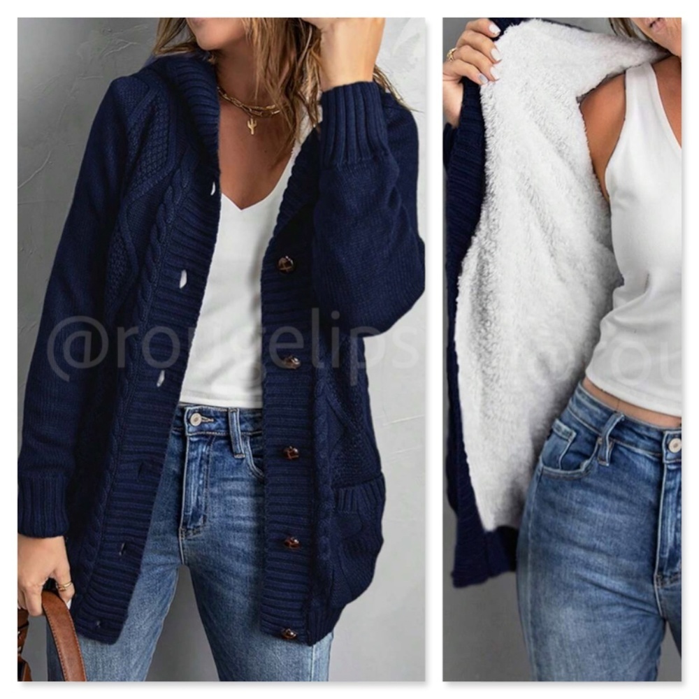 Navy Blue Faux Sherpa Knit Hooded Cardigan Front Pockets Long Sleeves Hip Length